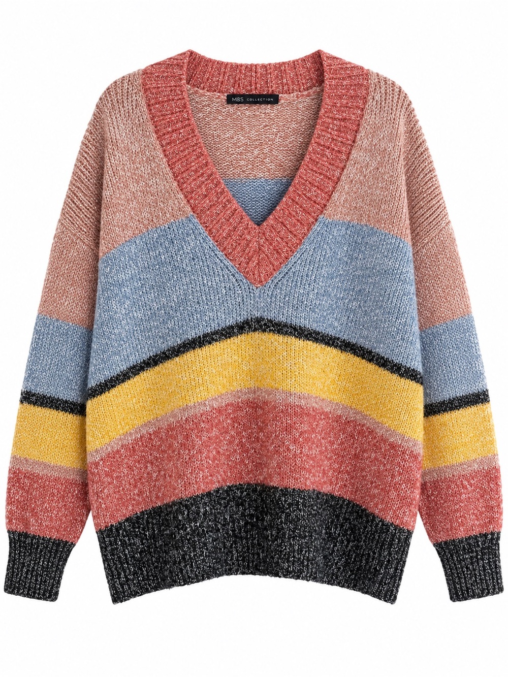Marks & Spencer V-Neck Striped Sweater in Pink, Blue, Yellow, Black